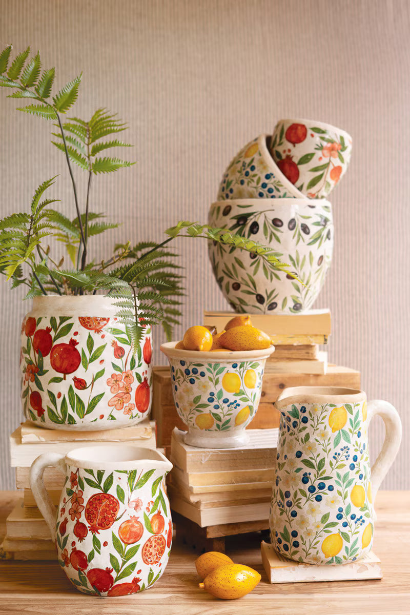 Set of 3 Cement Planters with Olives, Lemons, and Pomegranates