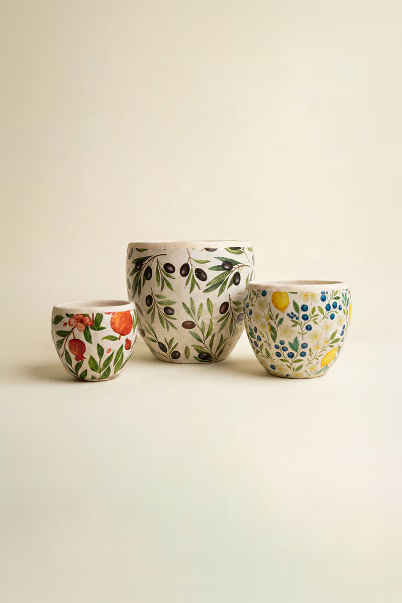 Set of 3 Cement Planters with Olives, Lemons, and Pomegranates