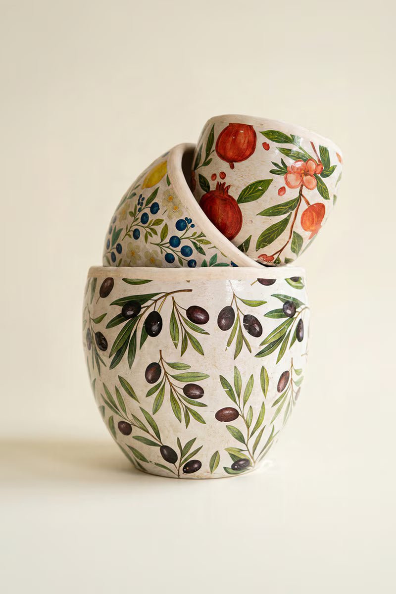 Set of 3 Cement Planters with Olives, Lemons, and Pomegranates