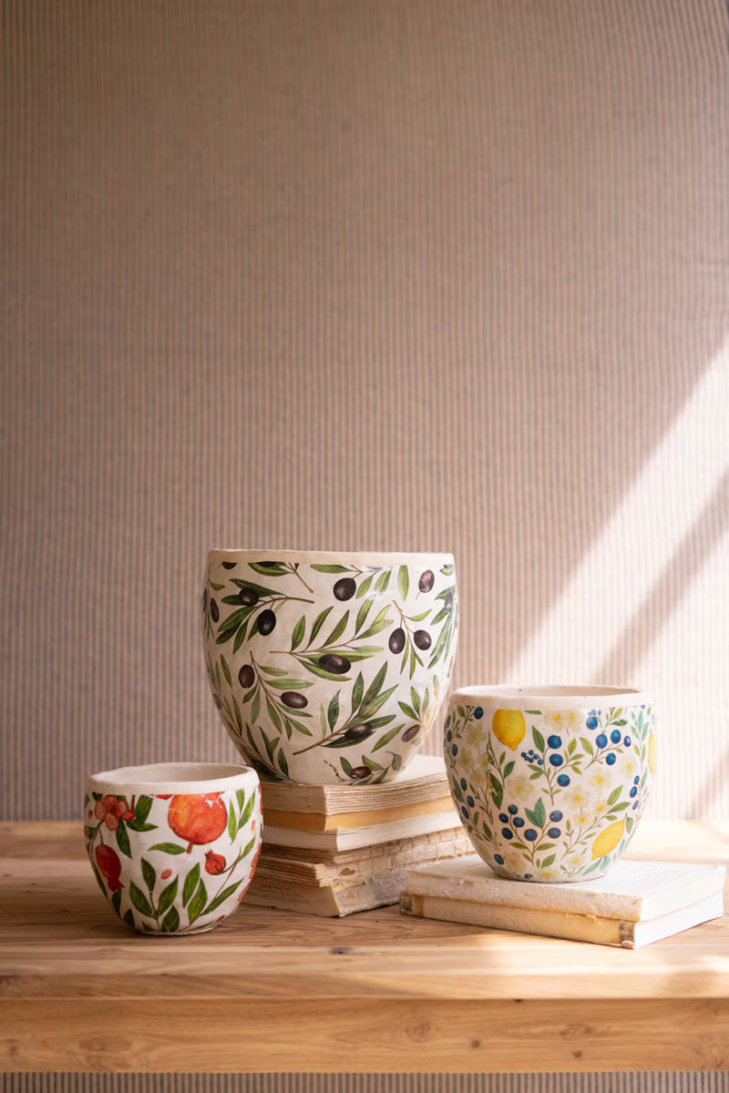 Set of 3 Cement Planters with Olives, Lemons, and Pomegranates