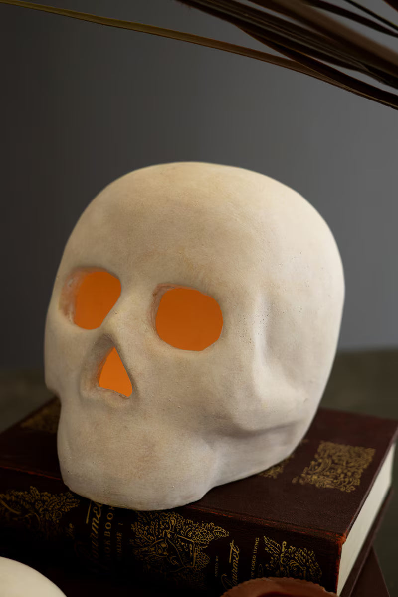 Set of 2 Cement Halloween Skulls Luminaries