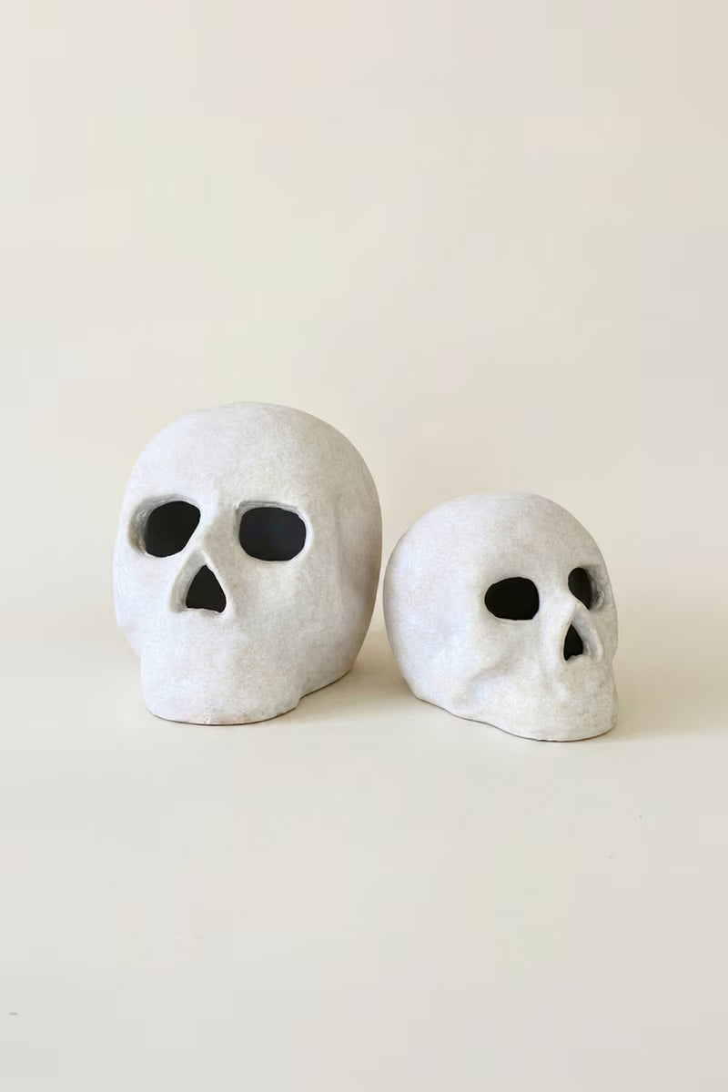 Set of 2 Cement Halloween Skulls Luminaries