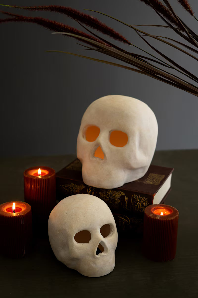 Set of 2 Cement Halloween Skulls Luminaries