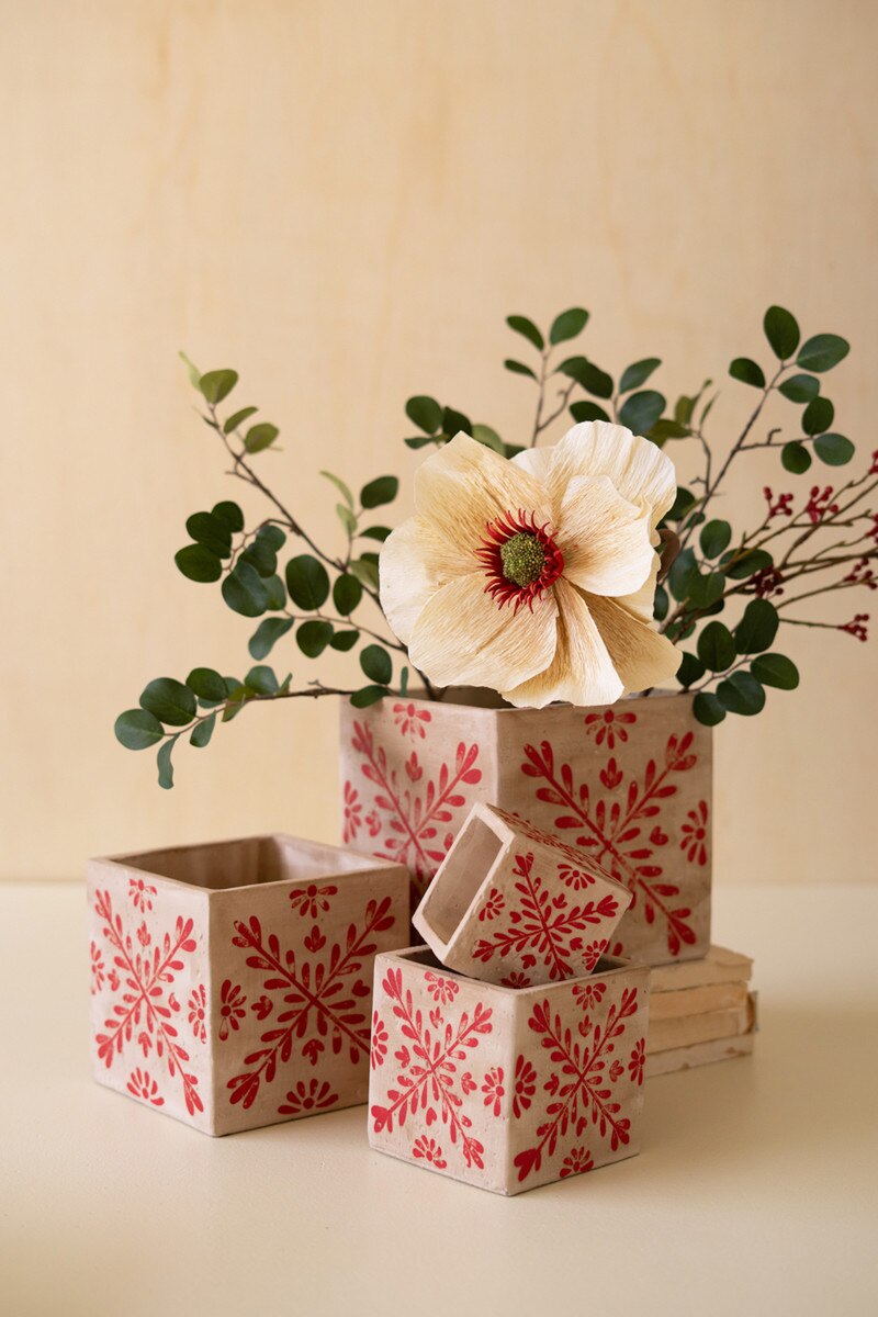 Set of 4 Square Cement Christmas Planters with Red Detail