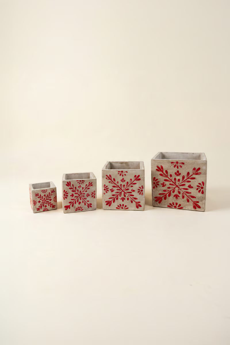 Set of 4 Square Cement Christmas Planters with Red Detail