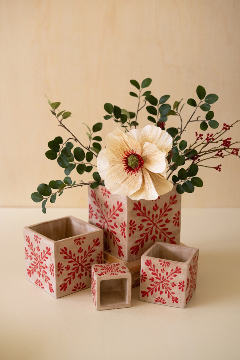 Set of 4 Square Cement Christmas Planters with Red Detail