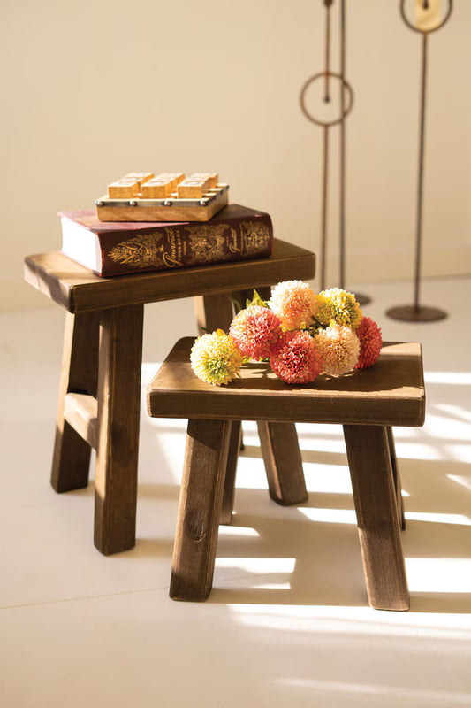 Set of 2 Dark Brown Rectangle Wood Stools