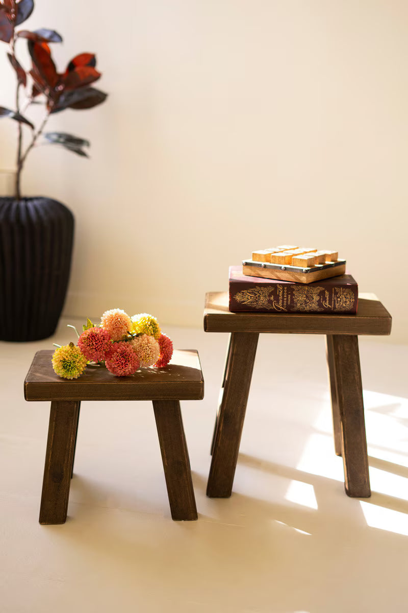 Set of 2 Dark Brown Rectangle Wood Stools