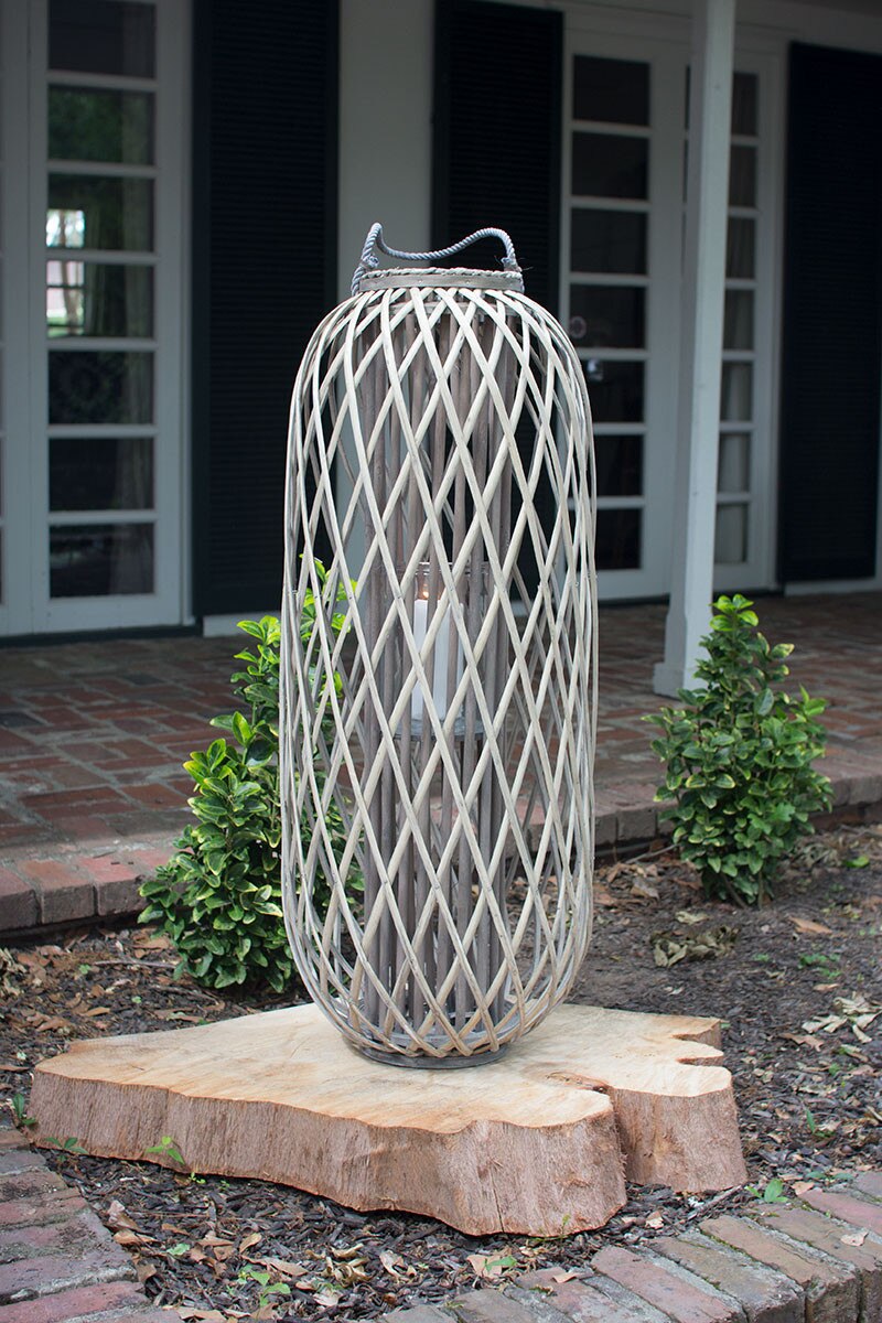 Large Tall Grey Willow Lantern with Glass Insert