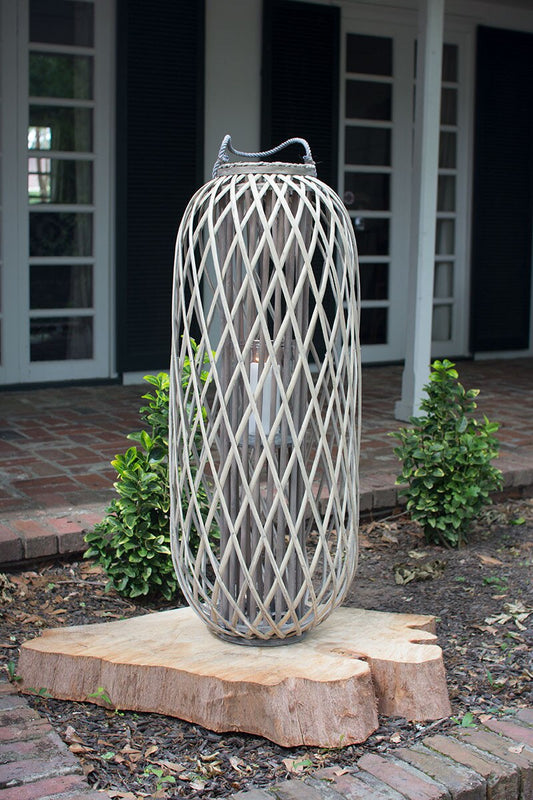 Large Tall Grey Willow Lantern with Glass Insert
