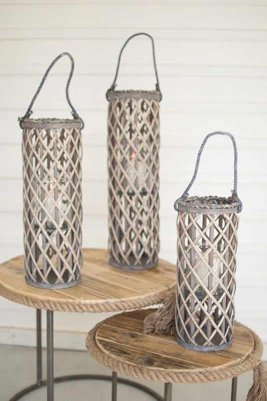 Set of 3 Grey Willow Lanterns with Glass Inserts
