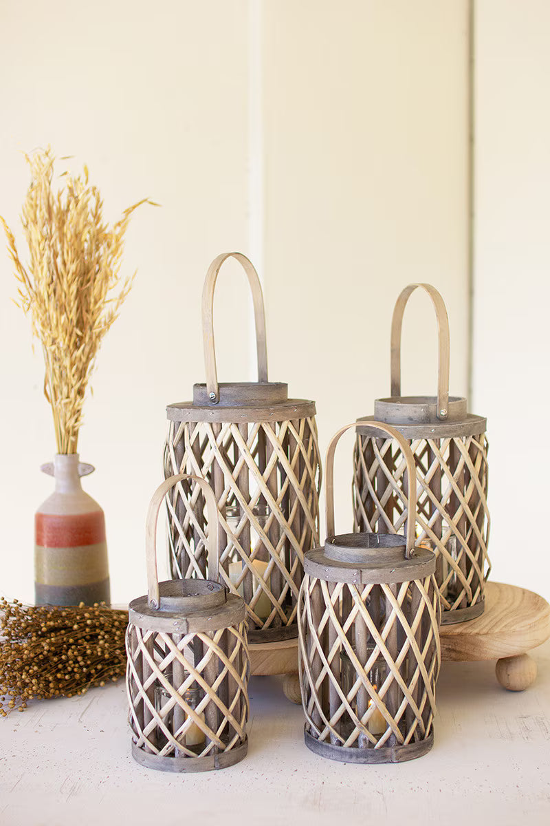 Set of 4 Grey Willow Cylinder Lanterns with Glass Inserts