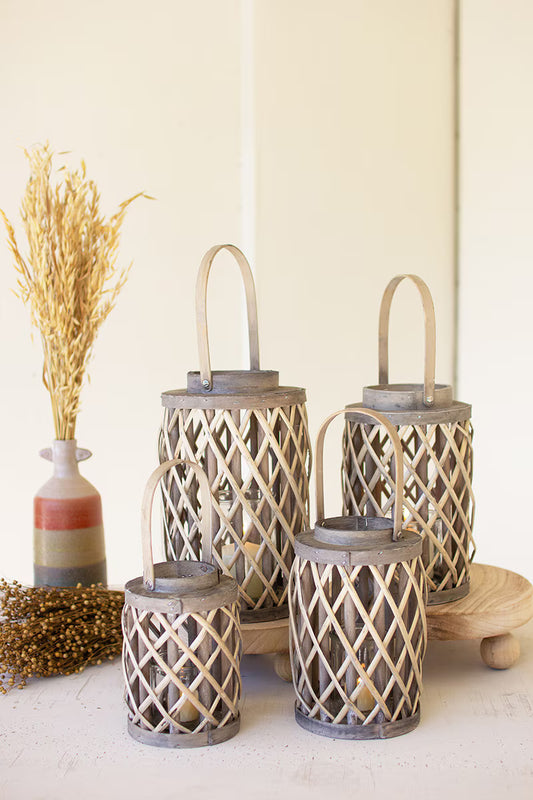 Set of 4 Grey Willow Cylinder Lanterns with Glass Inserts