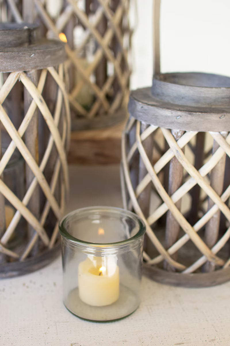 Set of 4 Grey Willow Cylinder Lanterns with Glass Inserts