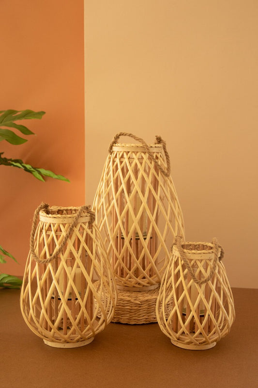 Set of 3 Natural Willow Lanterns with Glass Insert