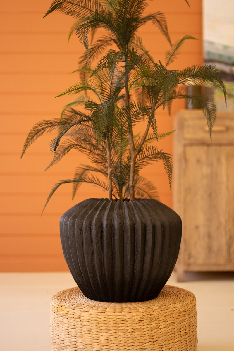 Short Black Stone Composite Urn with Fluted Detail