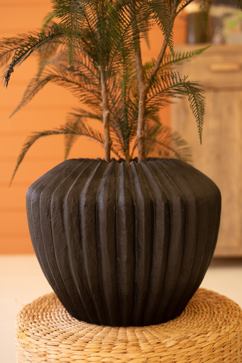 Short Black Stone Composite Urn with Fluted Detail