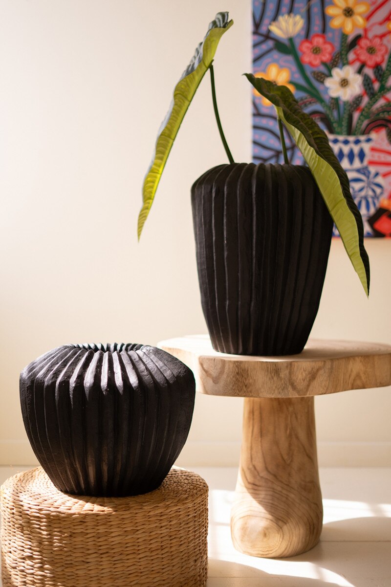 Short Black Stone Composite Urn with Fluted Detail
