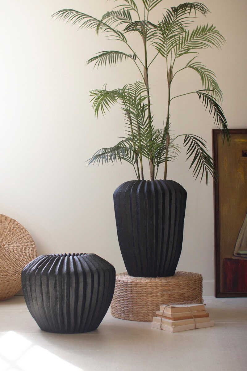 Tall Black Stone Composite Urn with Fluted Detail