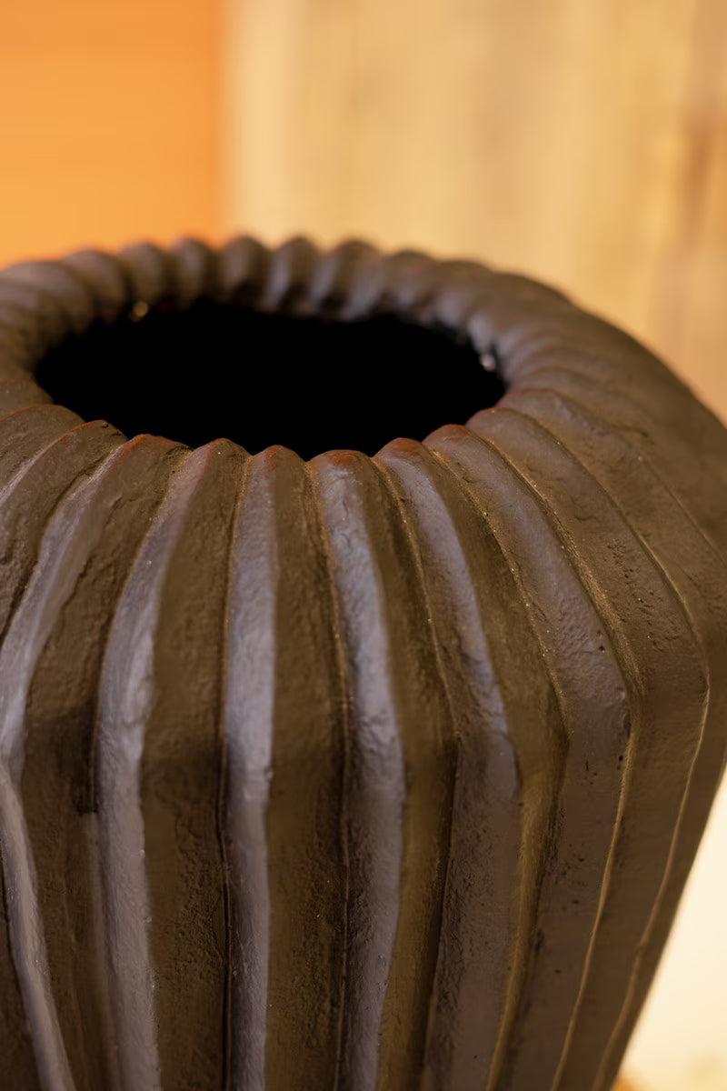 Tall Black Stone Composite Urn with Fluted Detail