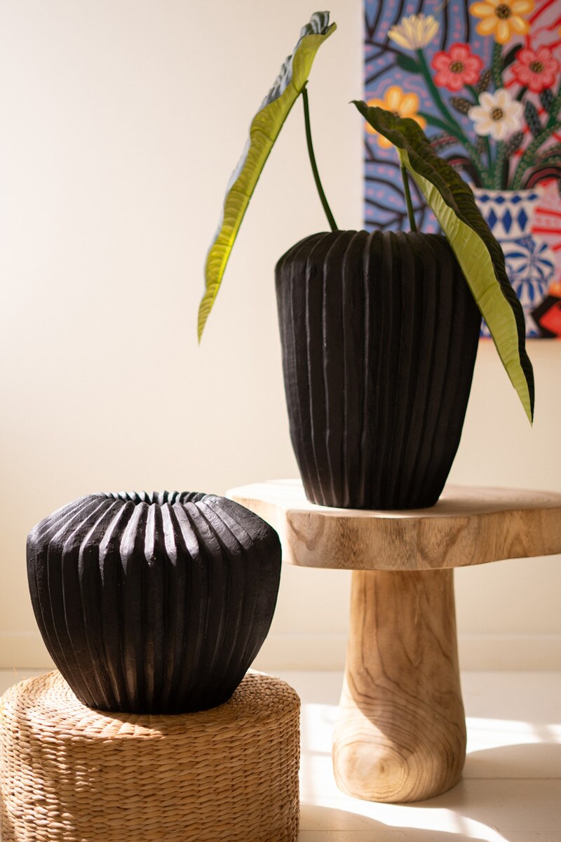 Tall Black Stone Composite Urn with Fluted Detail