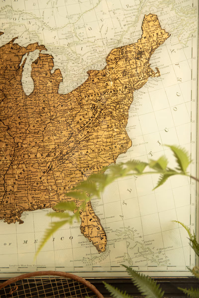 Framed Vintage-Inspired Usa Map Print with Gold Leaf Under Glass