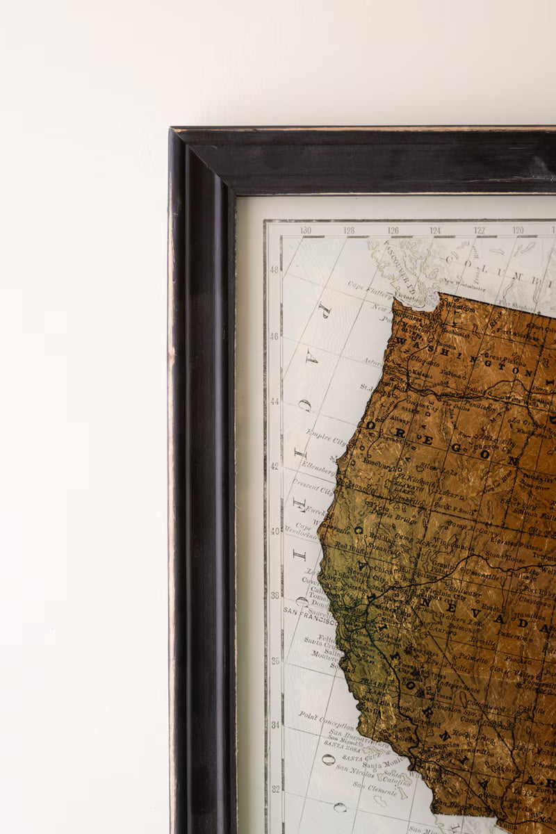 Framed Vintage-Inspired Usa Map Print with Gold Leaf Under Glass