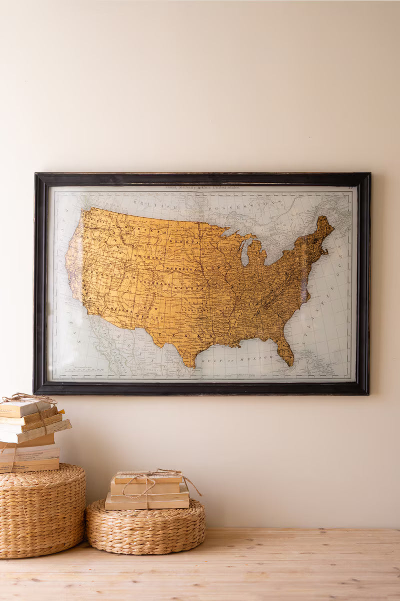 Framed Vintage-Inspired Usa Map Print with Gold Leaf Under Glass