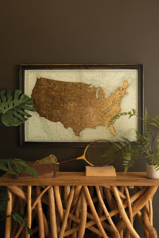 Framed Vintage-Inspired Usa Map Print with Gold Leaf Under Glass