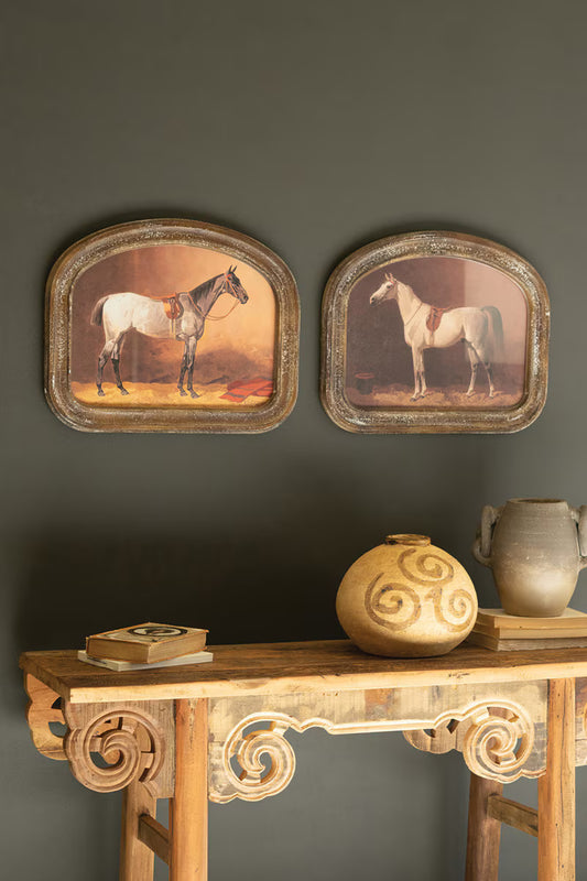 Set of 2 Arched Framed Horse Prints under Glass