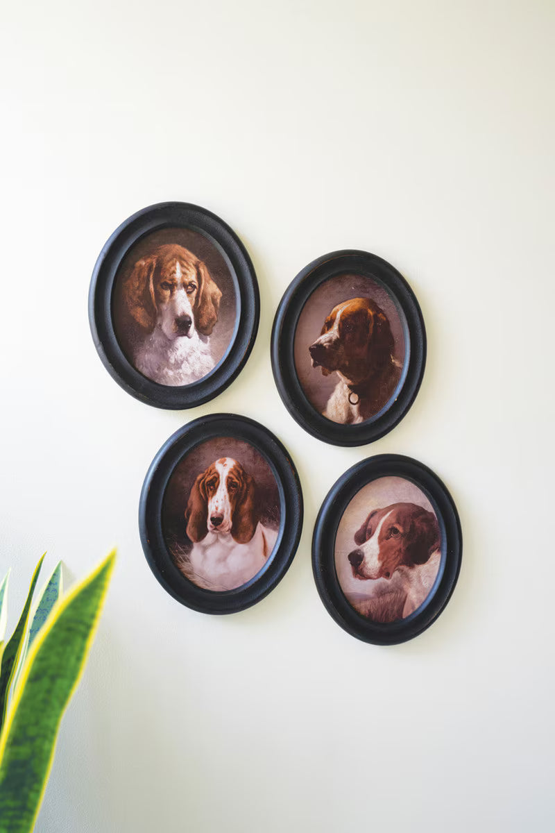 Set of 4 Framed Oval Hound Prints under Glass