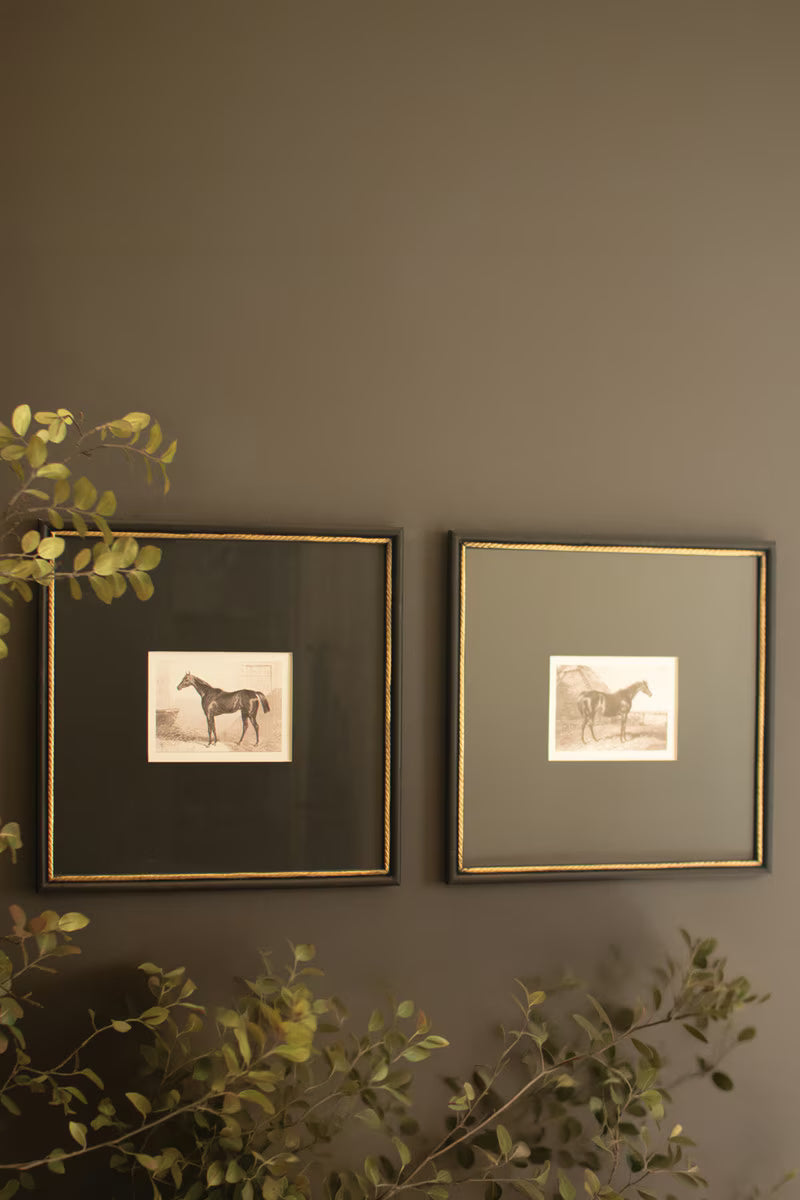 Set of 2 Framed Black and White Horse Prints Under Glass