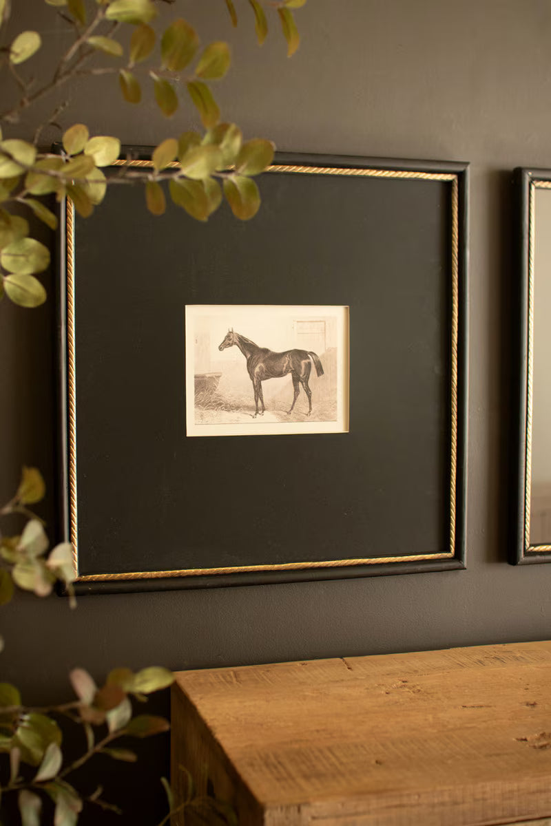 Set of 2 Framed Black and White Horse Prints Under Glass