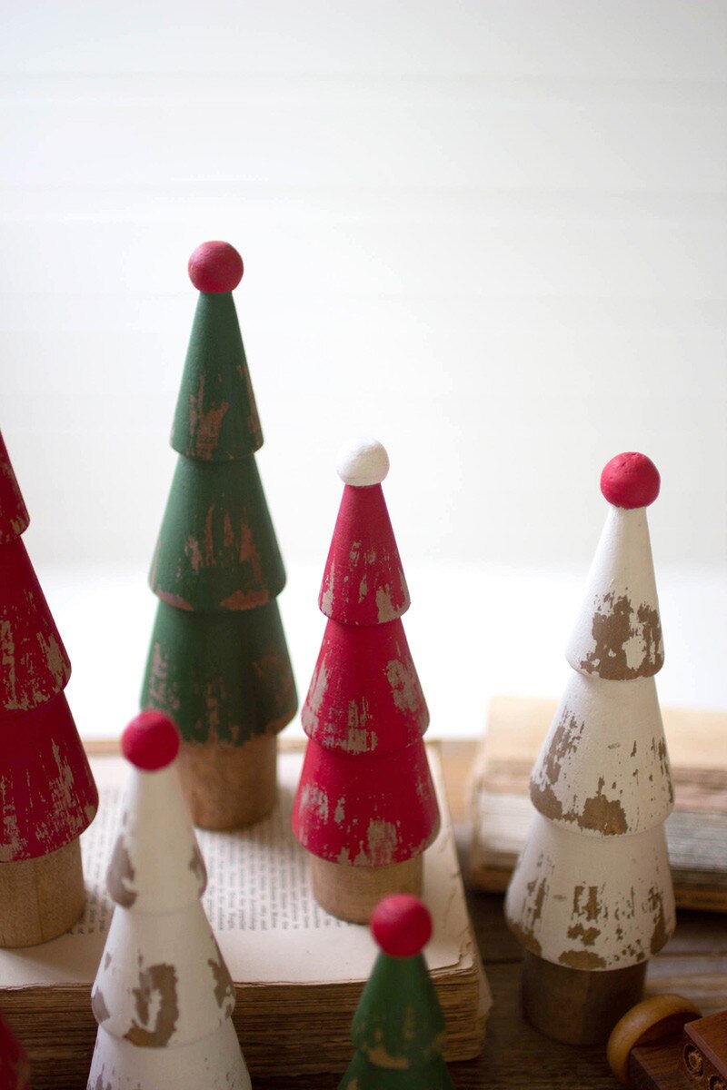 Set of 9 Turned Wood Painted Christmas Trees