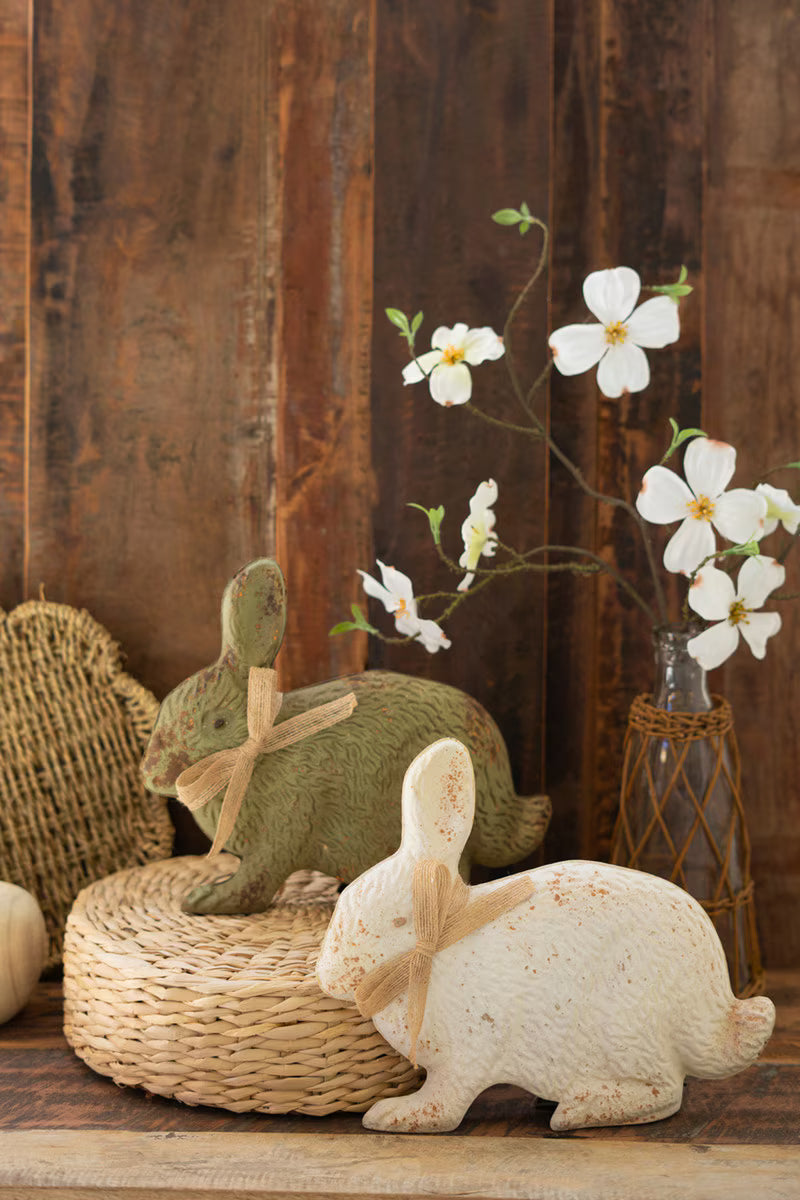 Set of 2 Painted Antique Green and White Metal Rabbits