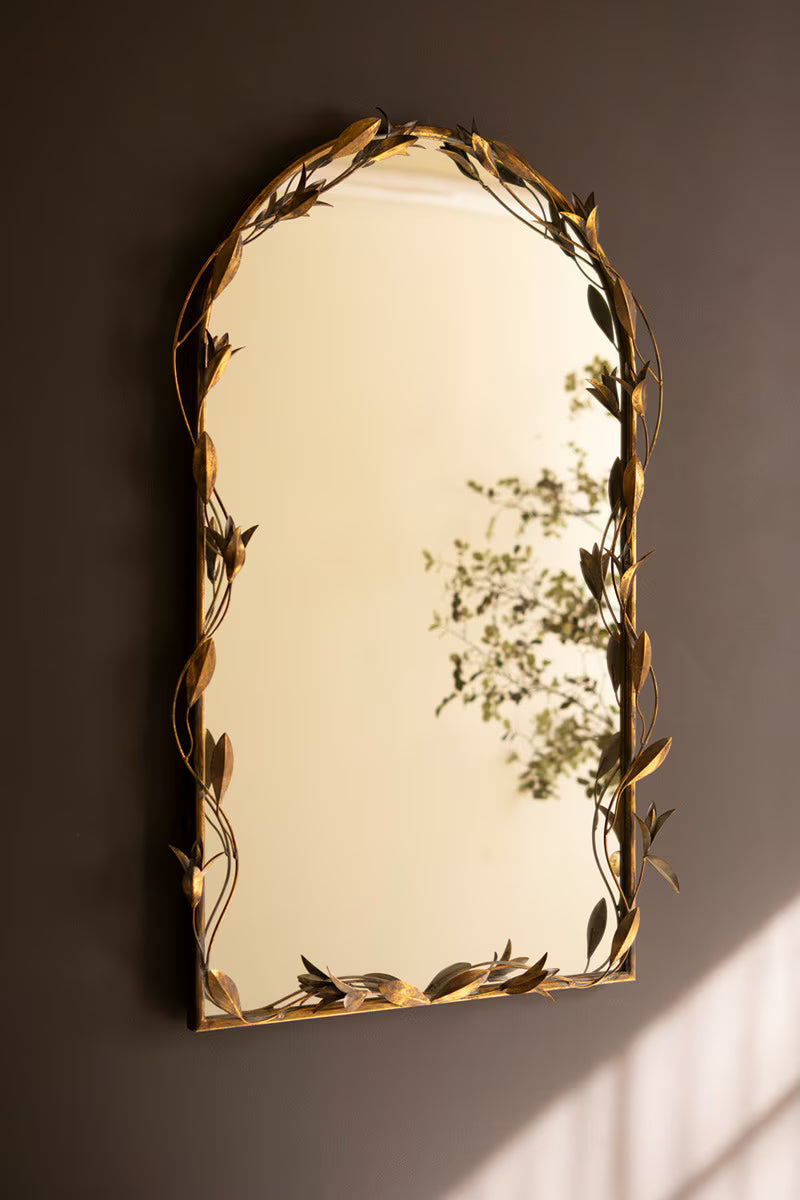 Tall Arched Antique Brass Framed Mirror with Leaves