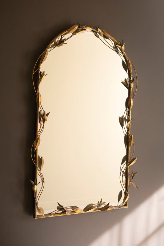 Tall Arched Antique Brass Framed Mirror with Leaves