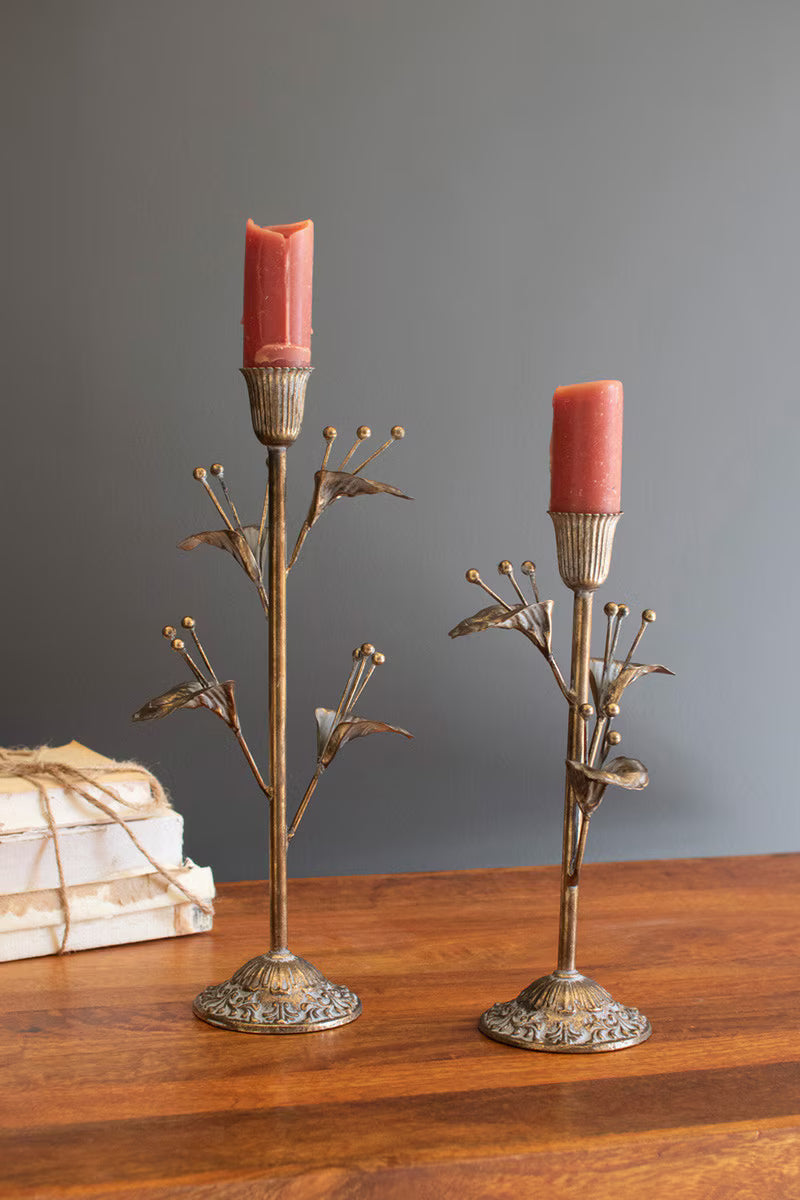 Set of 2 Antique Brass Flower Taper Candle Holders