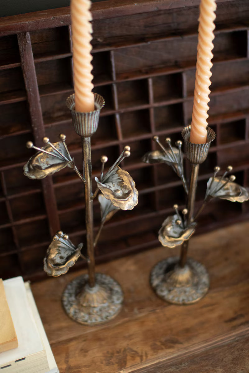 Set of 2 Antique Brass Flower Taper Candle Holders