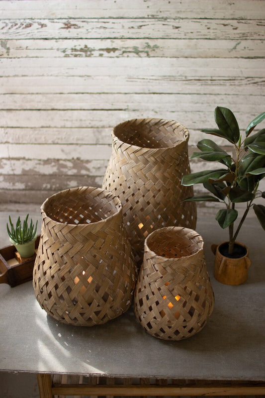 Set of 3 Woven Basket Lanterns with Glass Inserts