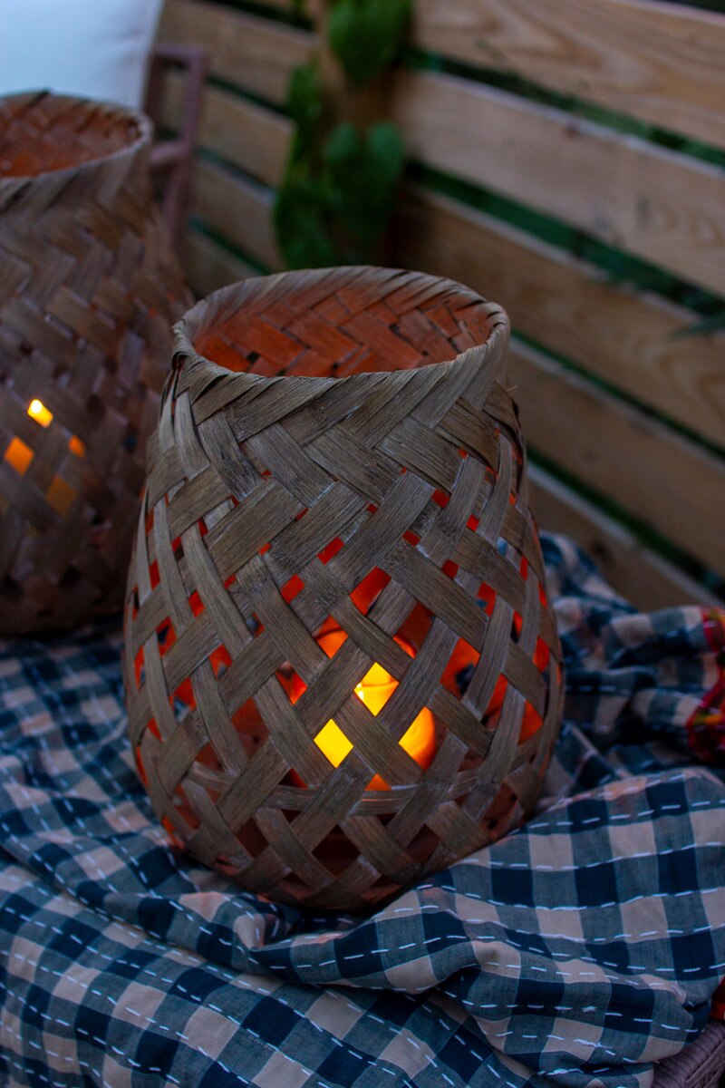Set of 3 Woven Basket Lanterns with Glass Inserts