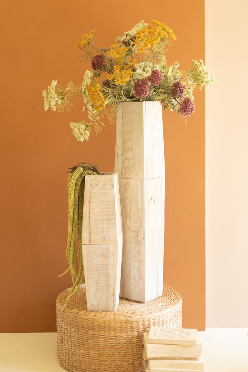 Set of 2 White-Washed Tall Oblong Wooden Vases
