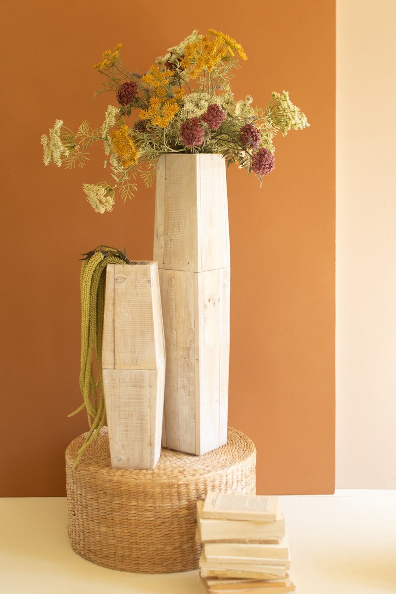 Set of 2 White-Washed Tall Oblong Wooden Vases