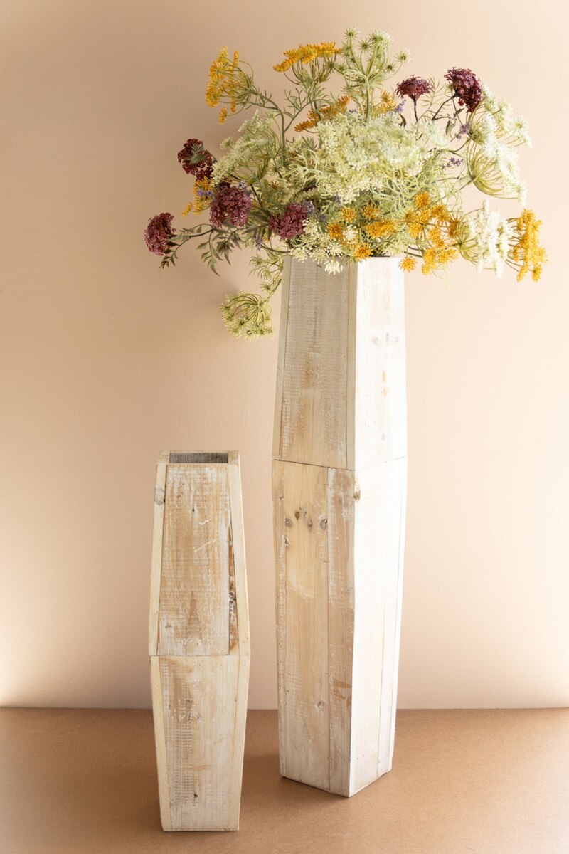 Set of 2 White-Washed Tall Oblong Wooden Vases