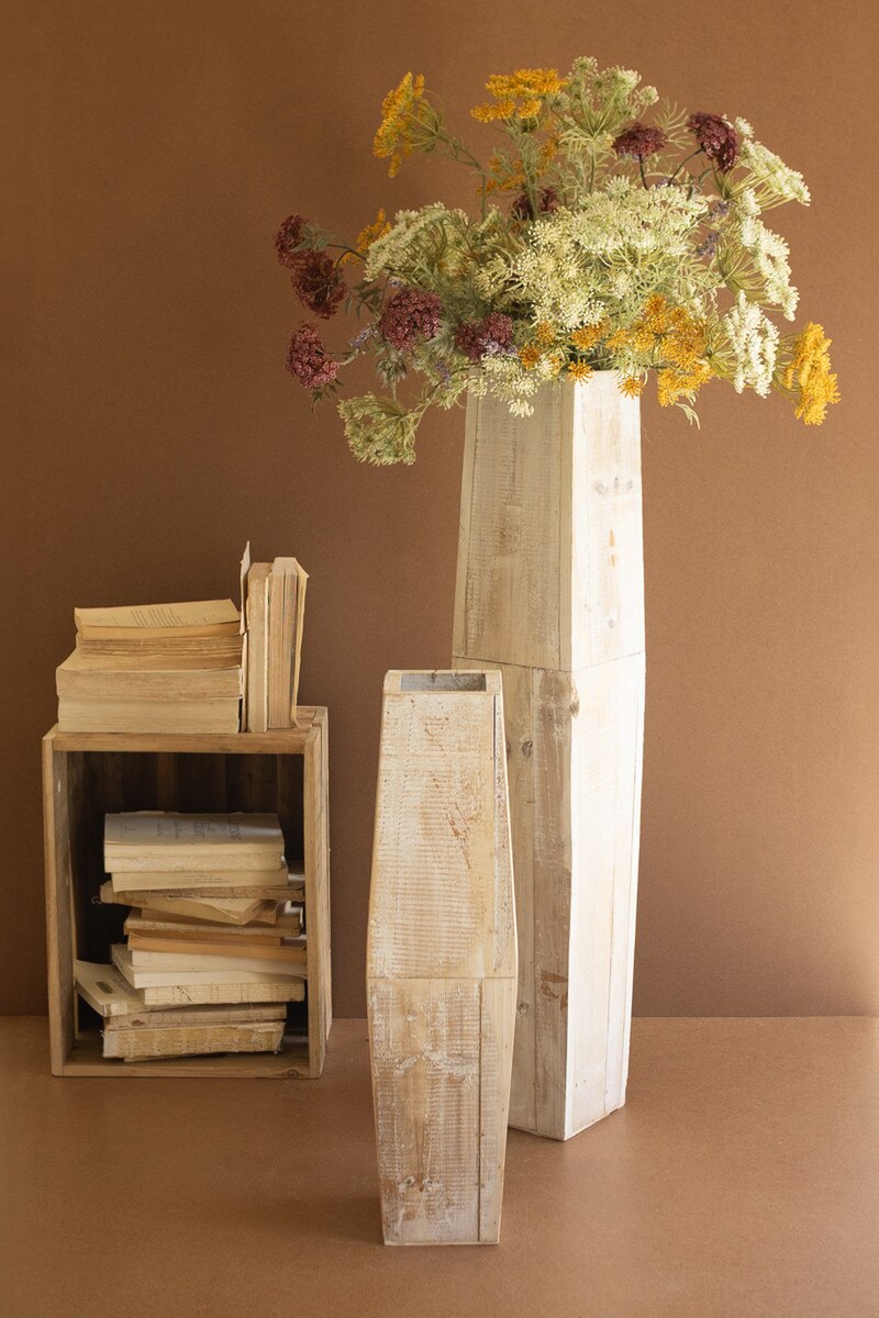 Set of 2 White-Washed Tall Oblong Wooden Vases