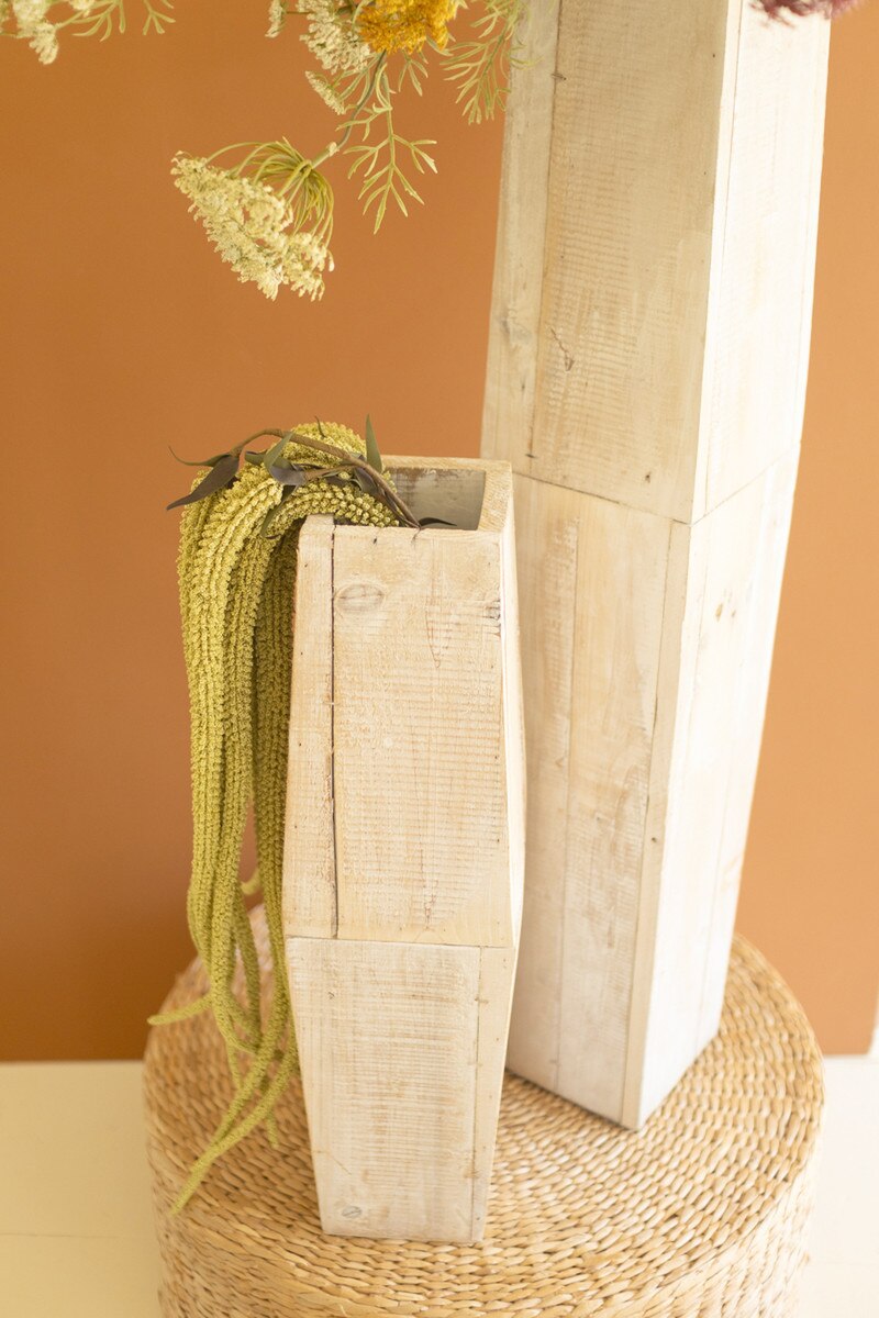 Set of 2 White-Washed Tall Oblong Wooden Vases