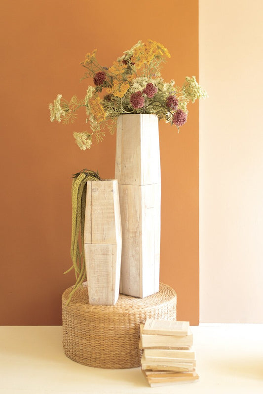 Set of 2 White-Washed Tall Oblong Wooden Vases