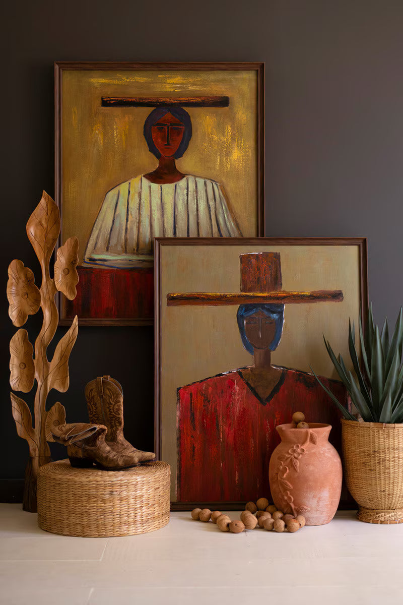 Framed Stylized Woman in Hat Painting