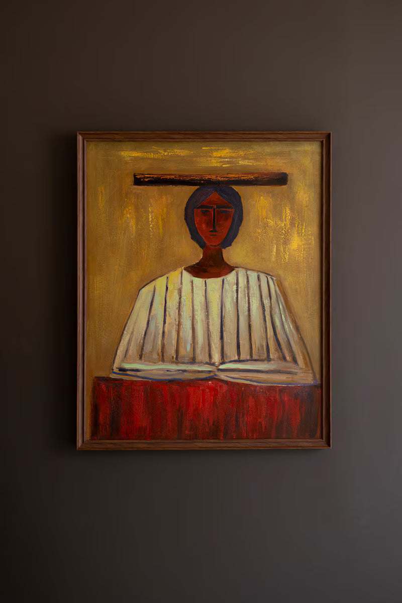 Framed Stylized Woman in Hat Painting