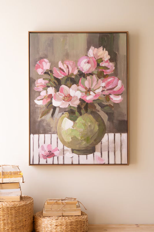 Framed Green Vase with Pink Flowers Painting